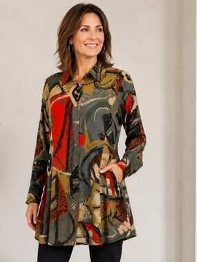 John Mark Abstract Art Tunic Shirt Size L Button Front Pockets Empire Back